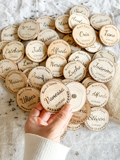 Marca sitios personalizados - Rodajas Madera con imán 🪵
